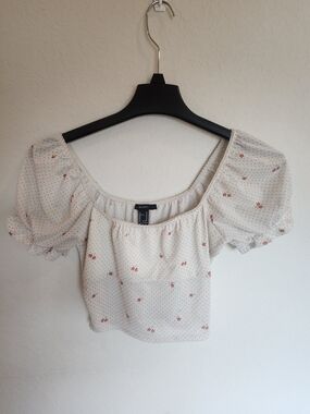 Forever 21 Cream Floral Puff-Sleeve Crop Top